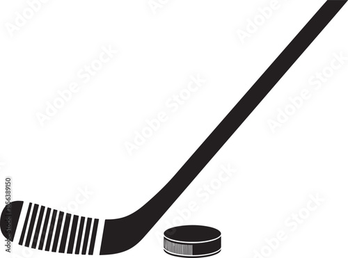 Black hockey stick and puck on white background sports equipment