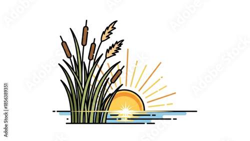 Vibrant sunset over serene water with cattails and wheat, warm sunlight rays shining through, peaceful natural scenery with lush green and yellow vegetation