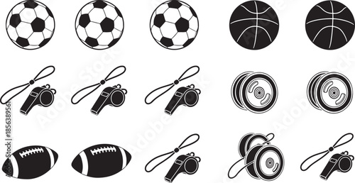 Sports balls and whistles soccer balls basketballs