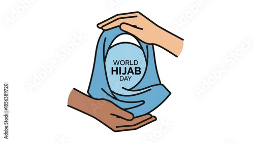 Two hands holding blue hijab cloth with world hijab day text on white background, symbolizing cultural diversity and religious freedom