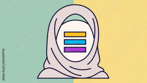 A woman wearing a pink hijab with a colorful menu icon on a green and yellow background