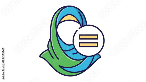 A stylized illustration of a green and blue hijab with an equality symbol on a white background representing freedom and feminism