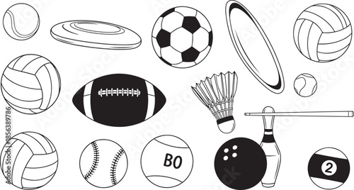 Various sports balls and equipment athletic equipment