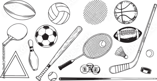 Various sports equipment and balls black and white
