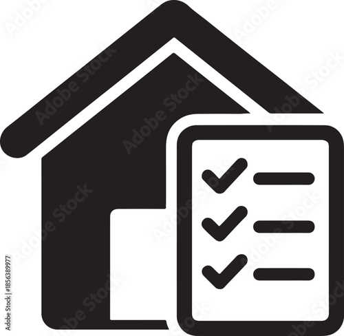 Building block with checklist overlay representing property management, tasks, and oversight, bold vector EPS.
