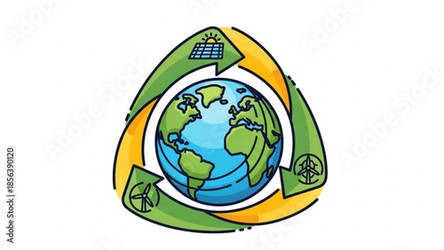 Earth surrounded by recycling symbol with solar panel, wind turbine and eco friendly icons, representing sustainable living and renewable energy sources for a greener