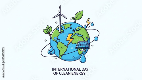 Earth with solar panel, wind turbine and green leaves, symbolizing clean energy and sustainable power on international day of clean energy