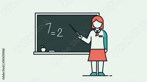 Female teacher standing in front of blackboard with mathematical equation pointing with pointer stick classroom education concept