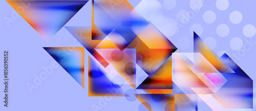 Abstract geometric shapes overlap, creating vibrant color blends. Soft circles add subtle texture to lavender background.