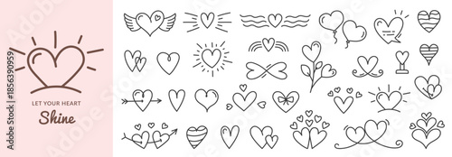 Hand drawn heart doodle set with various cute romantic symbols and simple decorative heart elements in a clean minimalist style