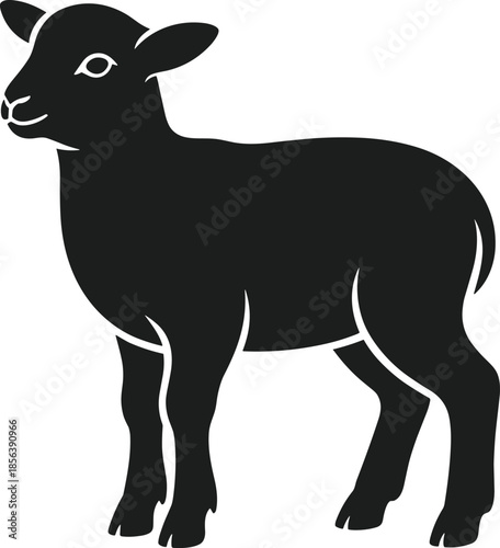 Black silhouette of a young lamb standing facing left with white outline details animal vector