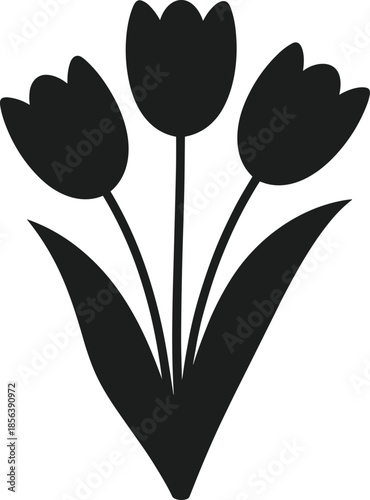 Black silhouette of three tulips with leaves on a white background flower floral