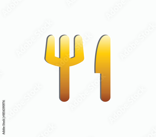 Golden fork and knife icon restaurant symbol isolated on white background