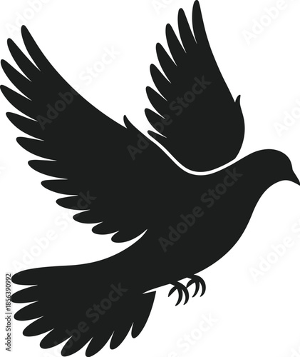 Black silhouette of a dove bird in flight with wings spread wide vector
