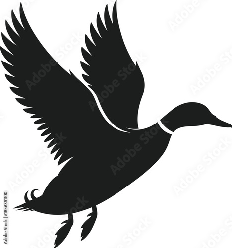 Black silhouette of a duck in flight with wings spread bird animal