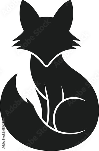 Black fox silhouette sitting curled up with bushy tail vector art animal