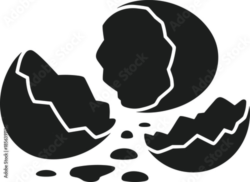 Black broken eggshell silhouette vector with scattered fragments cracked