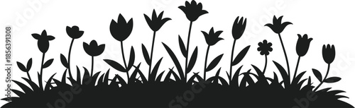 Black silhouette flower bed with various tulips and grasses vector