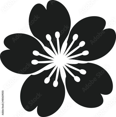 Black silhouette of a single cherry blossom flower with five petals and visible stamens vector