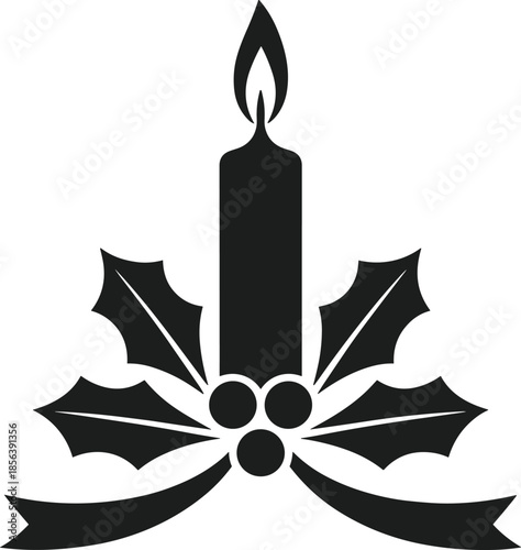 Black silhouette of a lit candle with holly leaves and ribbon vector