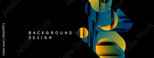 Abstract geometric shapes blend vibrant colors against black backdrop. Modern design evokes dynamic visual interest.