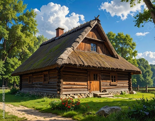Charming rustic log cabin nestled in a serene rural landscape, captivating view