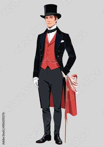 057-22-Gentleman dressed in a black tailcoat, red waistcoat, and top hat, holding a walking stick