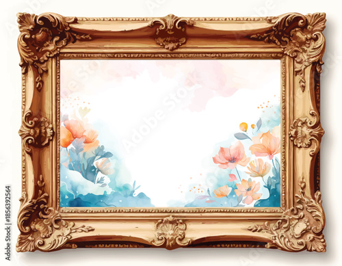 057-24-Ornate gold frame enclosing watercolor flowers with blank copy space