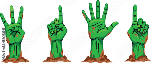 Green zombie hands rising from ground illustration set, horror undead gesture collection, spooky Halloween apocalypse vector design for dark projects