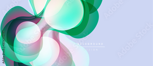 Abstract layers overlap, creating vibrant color gradients. Soft shapes suggest movement, modern design aesthetic. Light background enhances visual impact.