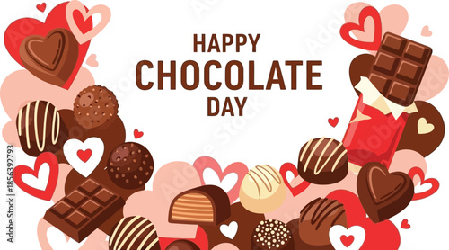 Chocolate candies and hearts on white background