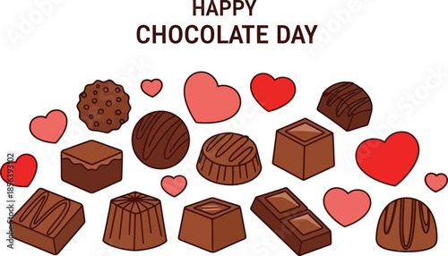 Chocolate candies and hearts on white background