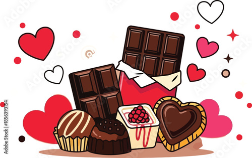 Chocolate desserts and sweets with hearts around