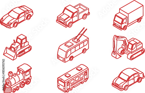 Isometric transport vehicle icons illustration set, cars trucks bus train construction machines, red outline transportation vector collection
