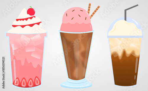 Iced summer drinks illustration set. Strawberry milkshake topped with whipped cream, chocolate ice cream with strawberry ice cream, and iced latte. 