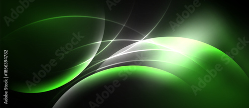 Abstract design features flowing green shapes, bright light, dark background. Smooth curves create dynamic visual effect.