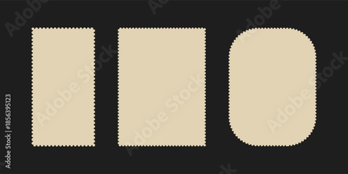 Postage stamp frames set. Empty border template for postcards and letters. Blank rectangle and square vintage postage stamps with perforated edge. Vector illustration isolated on black background.