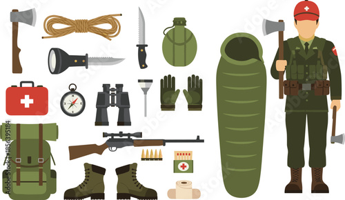 Military survival gear, soldier uniform, rescue medic, outdoor expedition equipment, tactical backpack, rifle, rope, compass, binoculars, first aid kit, boots
