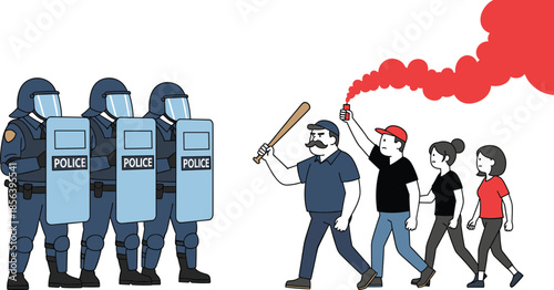 Police and protest confrontation, civil unrest, riot gear officers, civilians with flare, law enforcement response, conflict illustration, urban protest scene