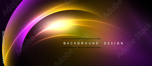 Abstract neon glow curves create dynamic background. Purple, yellow hues blend, forming modern design element. Text reads background design.