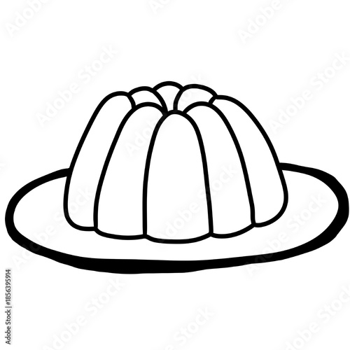 Hand-Drawn Jelly Mold Dessert on Plate in Minimal Black Outline Style