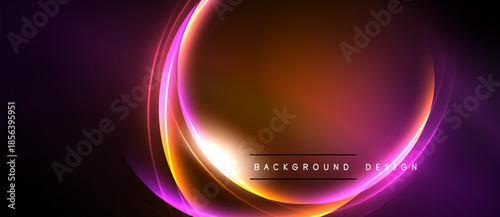 Abstract design features vibrant orange, purple glows. Smooth curves create dynamic visual impact against dark backdrop. Modern, elegant presentation.