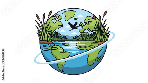 Illustration of a stylized earth with a serene wetland ecosystem and a flying bird, symbolizing environmental conservation and harmony with nature, featuring lush