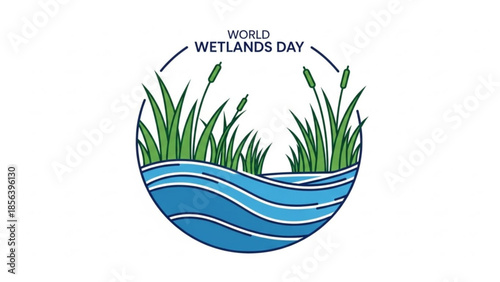 World wetlands day illustration with cattails and wavy water, eco friendly symbol for conservation and environmental protection awareness