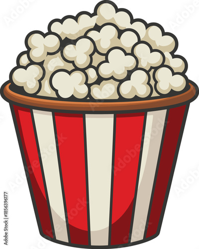 Popcorn bucket illustration, cinema snack icon with striped box, tasty movie food cartoon vector design isolated on white