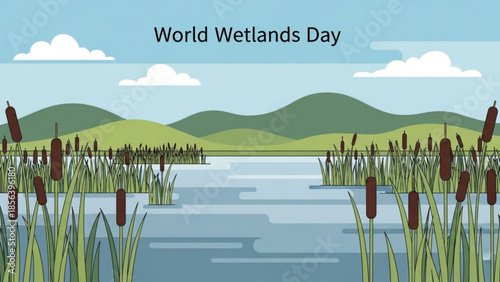 World wetlands day, serene landscape with cattails and rolling hills under a blue sky with white clouds, symbolizing nature and conservation