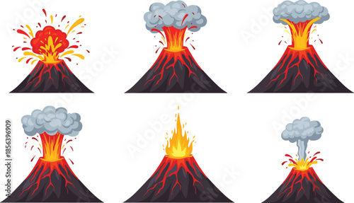 Volcano, eruption, lava, smoke, ash, explosion, magma, geology, natural disaster, illustration, vector, cartoon, stages, types, conical, cracks, red, yellow, gray, plume