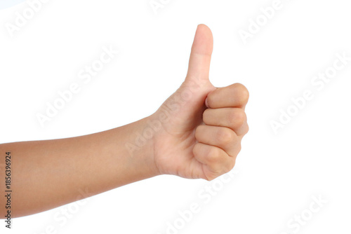 Woman’s hand pressing a thumbs up like button, subscribe concept, clean and modern style.