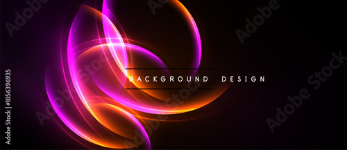Abstract swirls, vibrant purple, orange hues dominate black background. Modern design element, dynamic energy radiates from center.