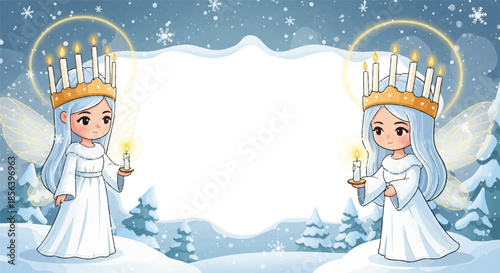 Saint lucia girls with candle crowns in a snowy winter border.